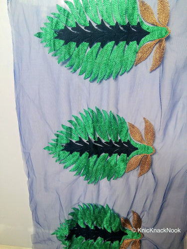 Wholesale Blue Soft Net Lace Trim With Blue, Green And Gold Embroidered Leaves, Indian Trims